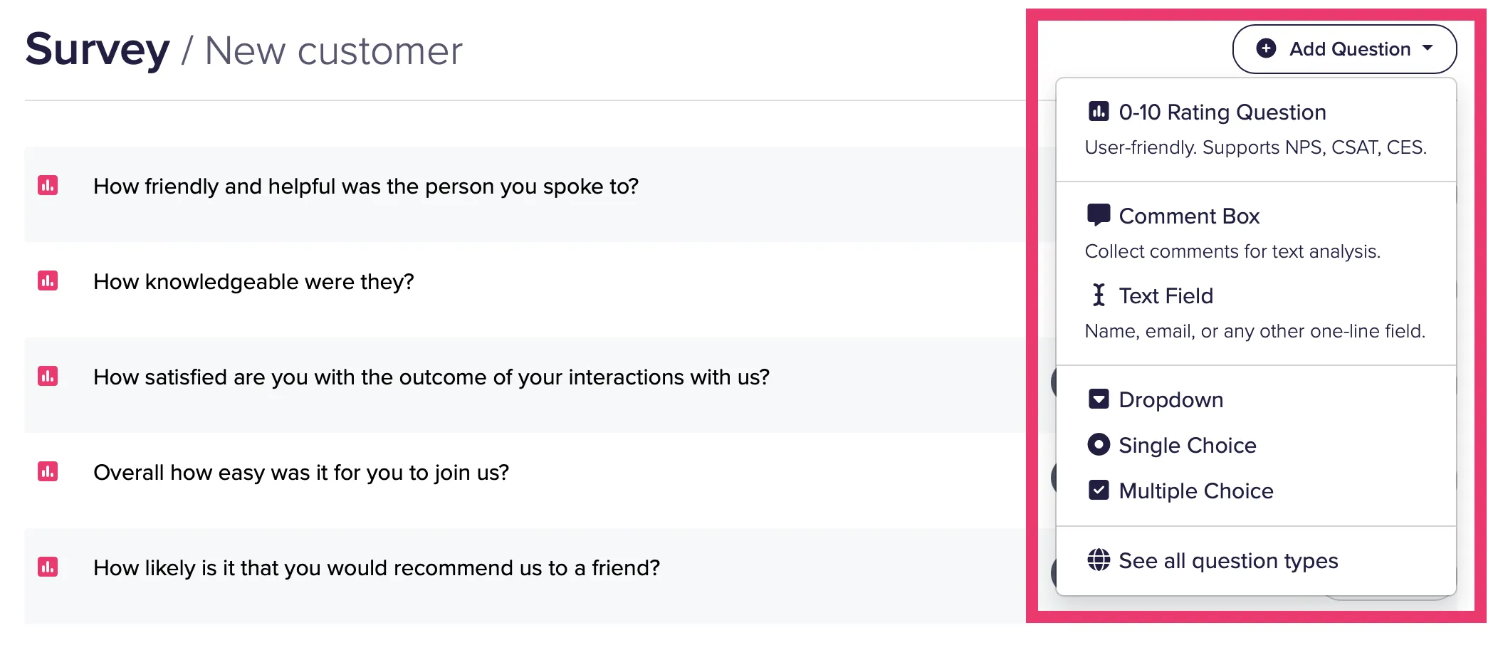 Screenshot of the add question button