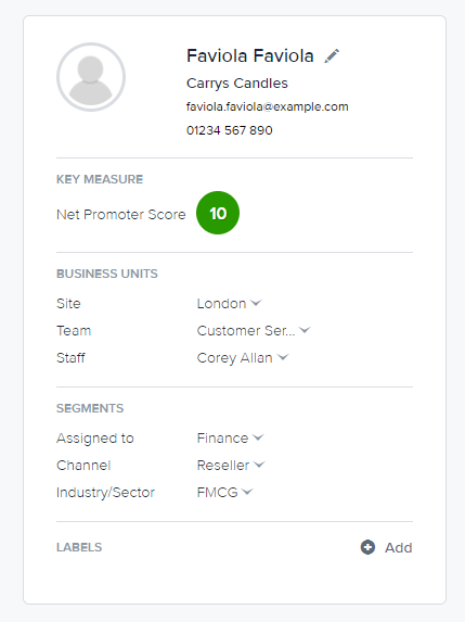 Screenshot showing example metadata in CustomerSure, for example site, channel, assignee, industry sector